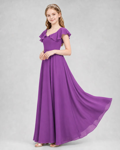 Dideyttawl Flutter Sleeve Back Bow Chiffon Junior Bridesmaid Dress