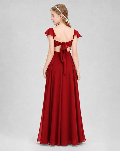 Dideyttawl Flutter Sleeve Back Bow Chiffon Junior Bridesmaid Dress