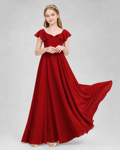 Dideyttawl Flutter Sleeve Back Bow Chiffon Junior Bridesmaid Dress