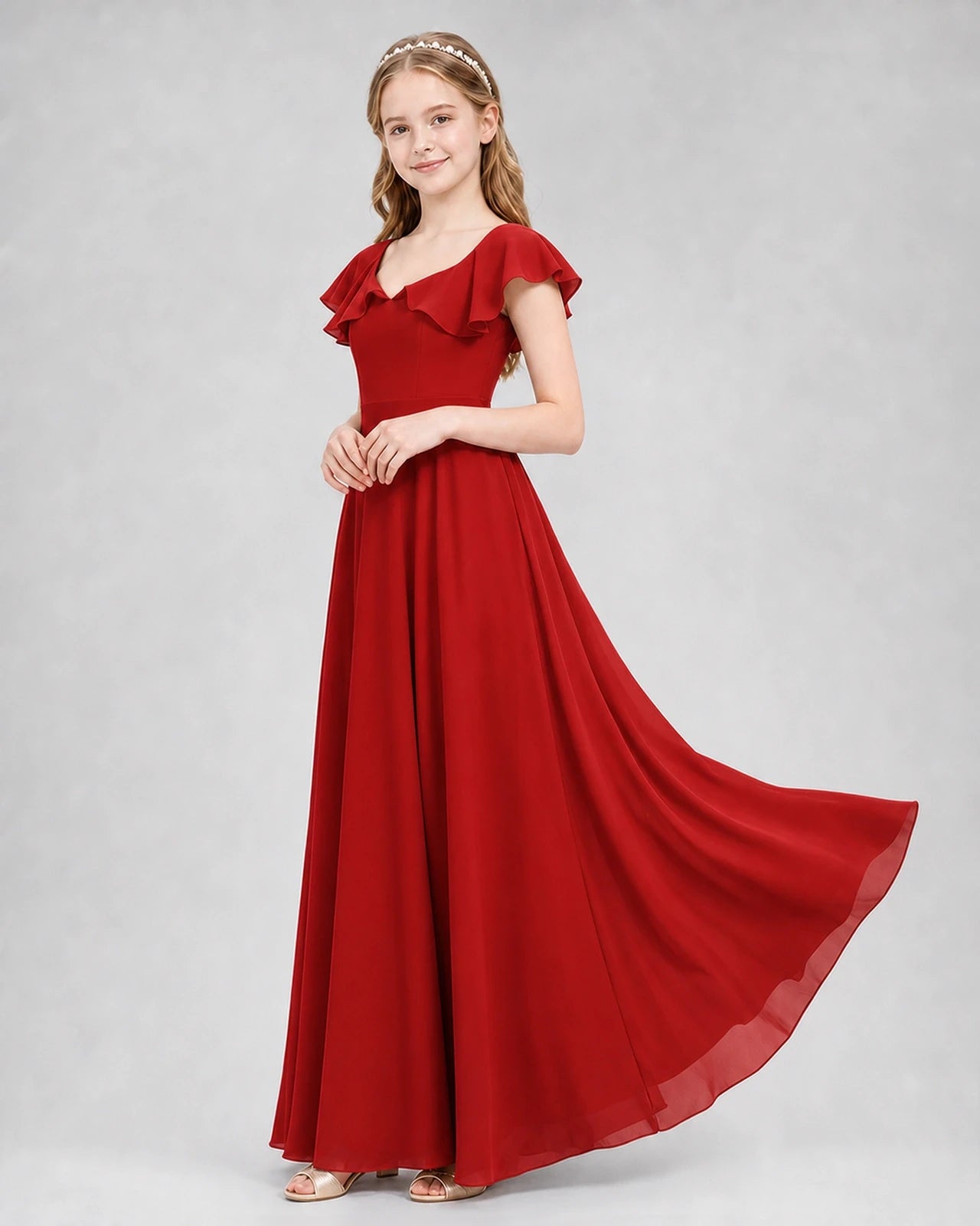Dideyttawl Flutter Sleeve Back Bow Chiffon Junior Bridesmaid Dress