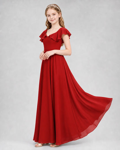 Dideyttawl Flutter Sleeve Back Bow Chiffon Junior Bridesmaid Dress