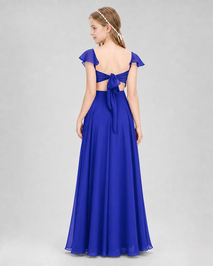 Dideyttawl Flutter Sleeve Back Bow Chiffon Junior Bridesmaid Dress