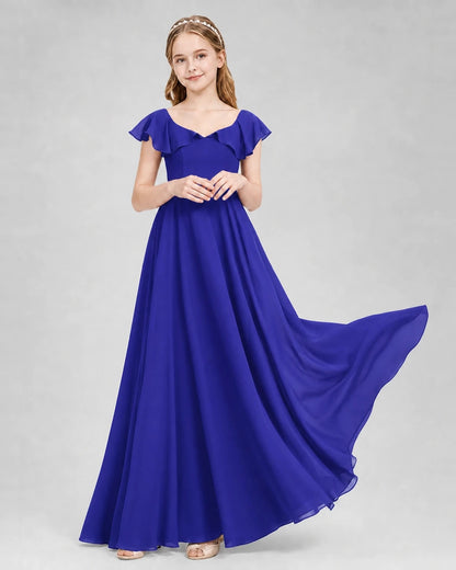 Dideyttawl Flutter Sleeve Back Bow Chiffon Junior Bridesmaid Dress