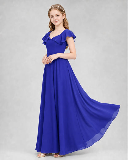 Dideyttawl Flutter Sleeve Back Bow Chiffon Junior Bridesmaid Dress