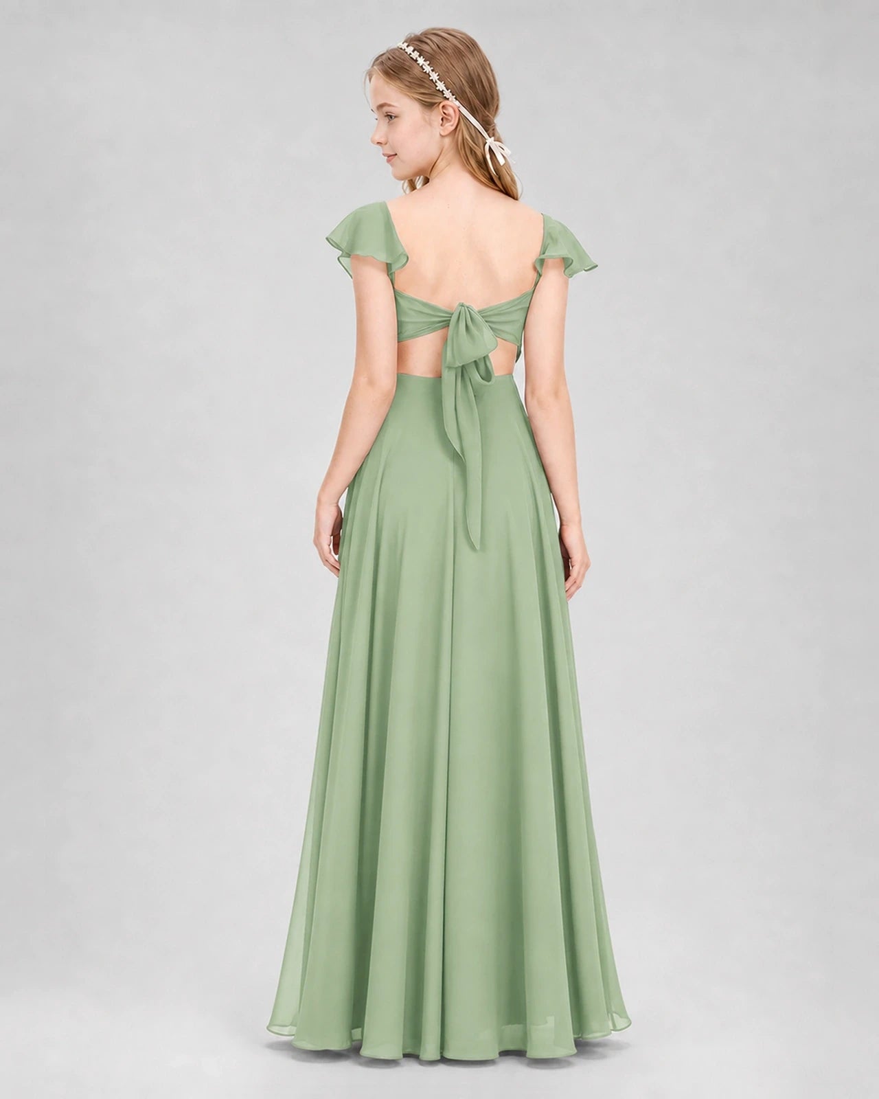Dideyttawl Flutter Sleeve Back Bow Chiffon Junior Bridesmaid Dress