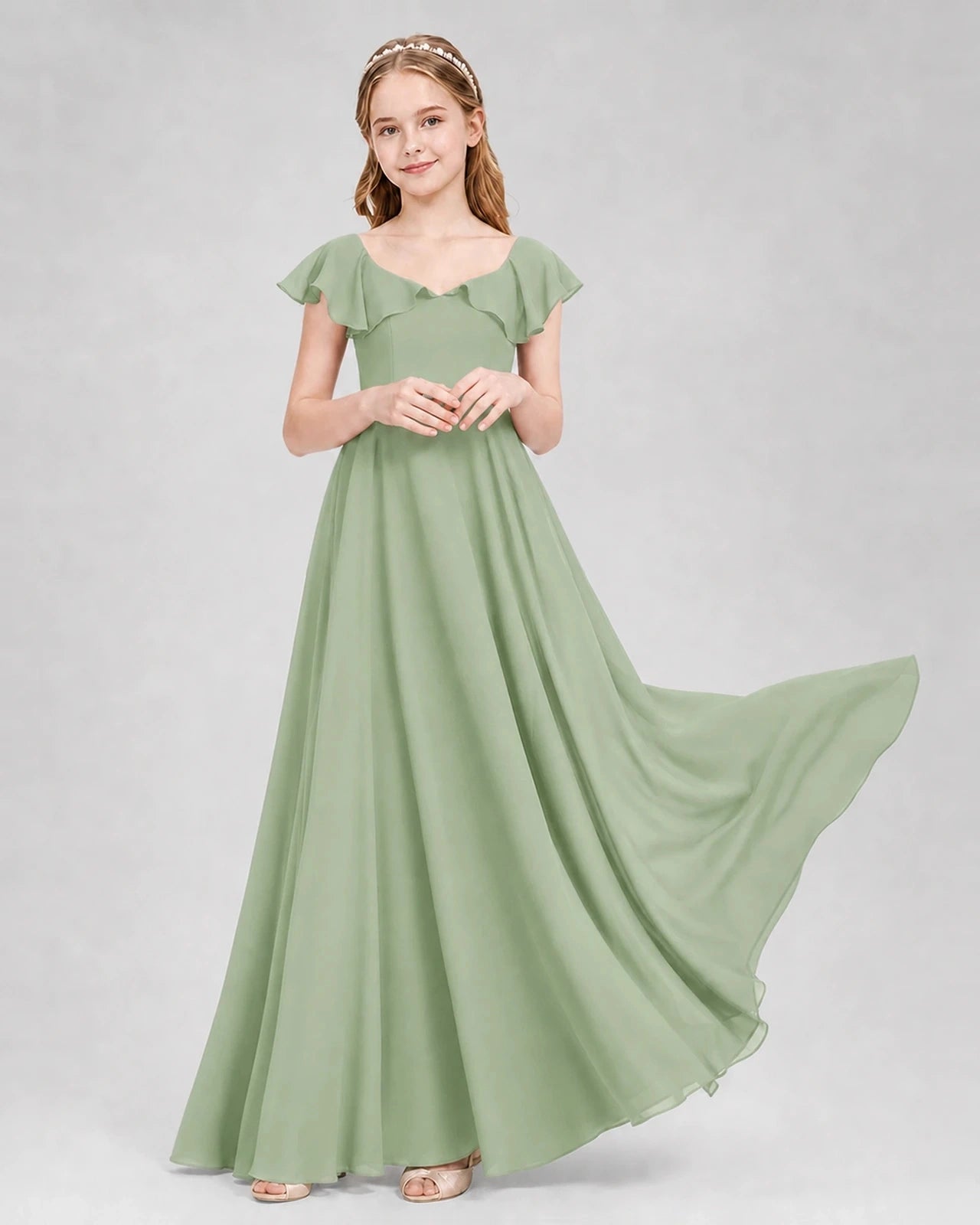 Dideyttawl Flutter Sleeve Back Bow Chiffon Junior Bridesmaid Dress