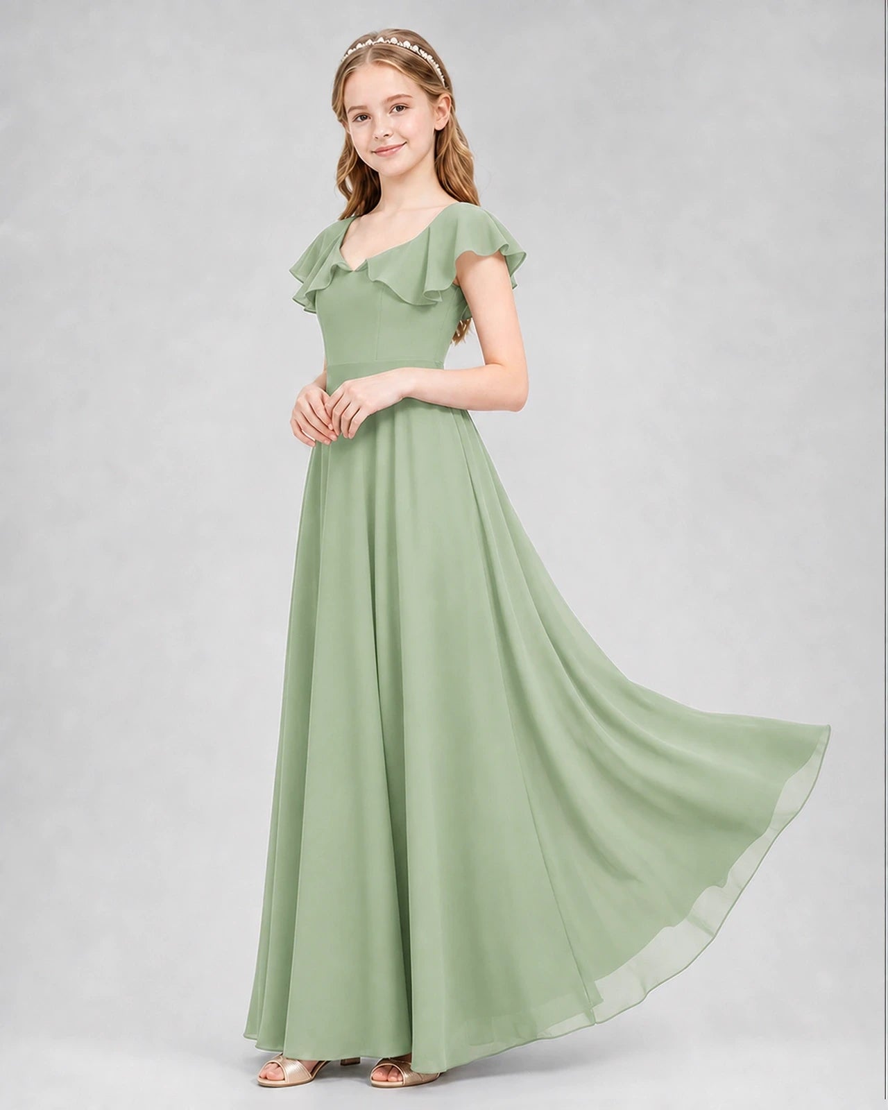 Dideyttawl Flutter Sleeve Back Bow Chiffon Junior Bridesmaid Dress