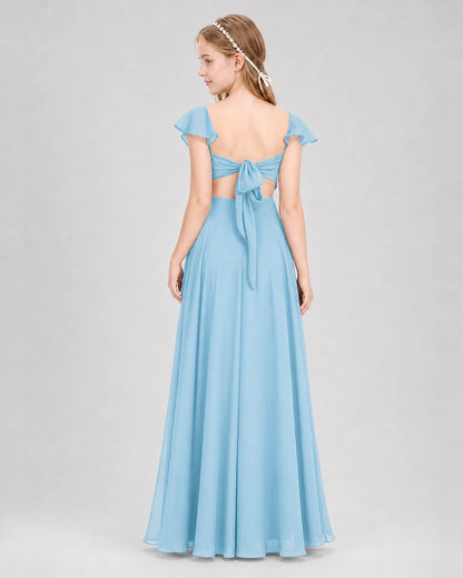 Dideyttawl Flutter Sleeve Back Bow Chiffon Junior Bridesmaid Dress