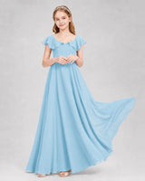 Sky Blue Chiffon Ruffle Sleeve Junior Bridesmaid Dresses Front View