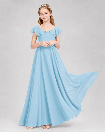 Dideyttawl Flutter Sleeve Back Bow Chiffon Junior Bridesmaid Dress