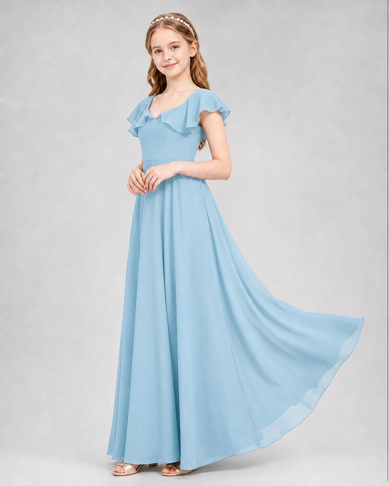 Dideyttawl Flutter Sleeve Back Bow Chiffon Junior Bridesmaid Dress