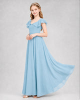 Sky Blue Chiffon Ruffle Sleeve Junior Bridesmaid Dresses Side View