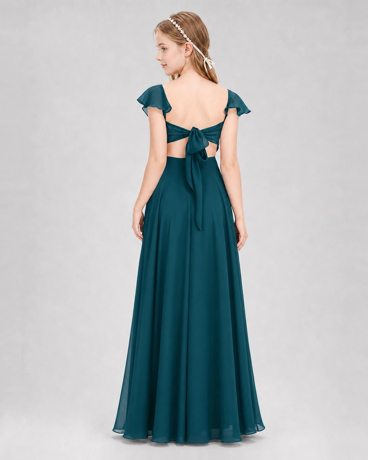 Dideyttawl Flutter Sleeve Back Bow Chiffon Junior Bridesmaid Dress