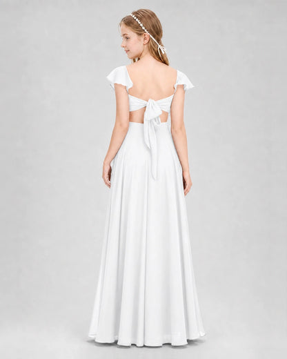 Dideyttawl Flutter Sleeve Back Bow Chiffon Junior Bridesmaid Dress