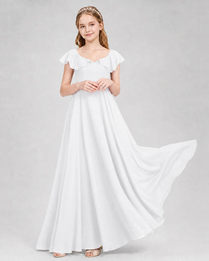 Dideyttawl Flutter Sleeve Back Bow Chiffon Junior Bridesmaid Dress