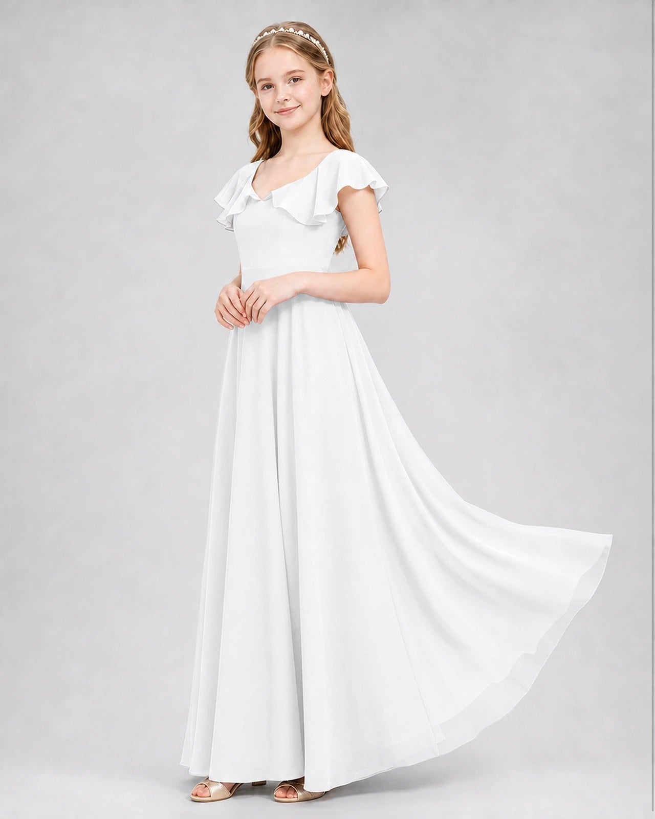 Dideyttawl Flutter Sleeve Back Bow Chiffon Junior Bridesmaid Dress