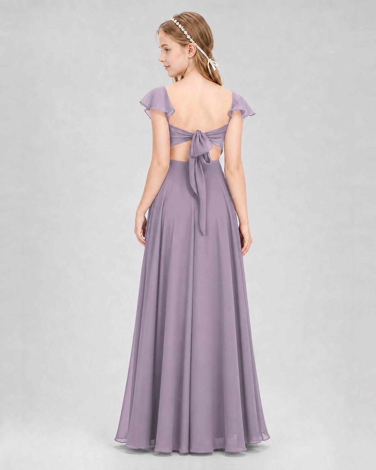 Dideyttawl Flutter Sleeve Back Bow Chiffon Junior Bridesmaid Dress