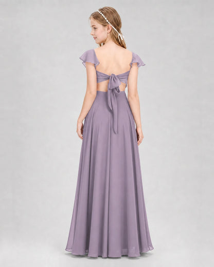Dideyttawl Flutter Sleeve Back Bow Chiffon Junior Bridesmaid Dress