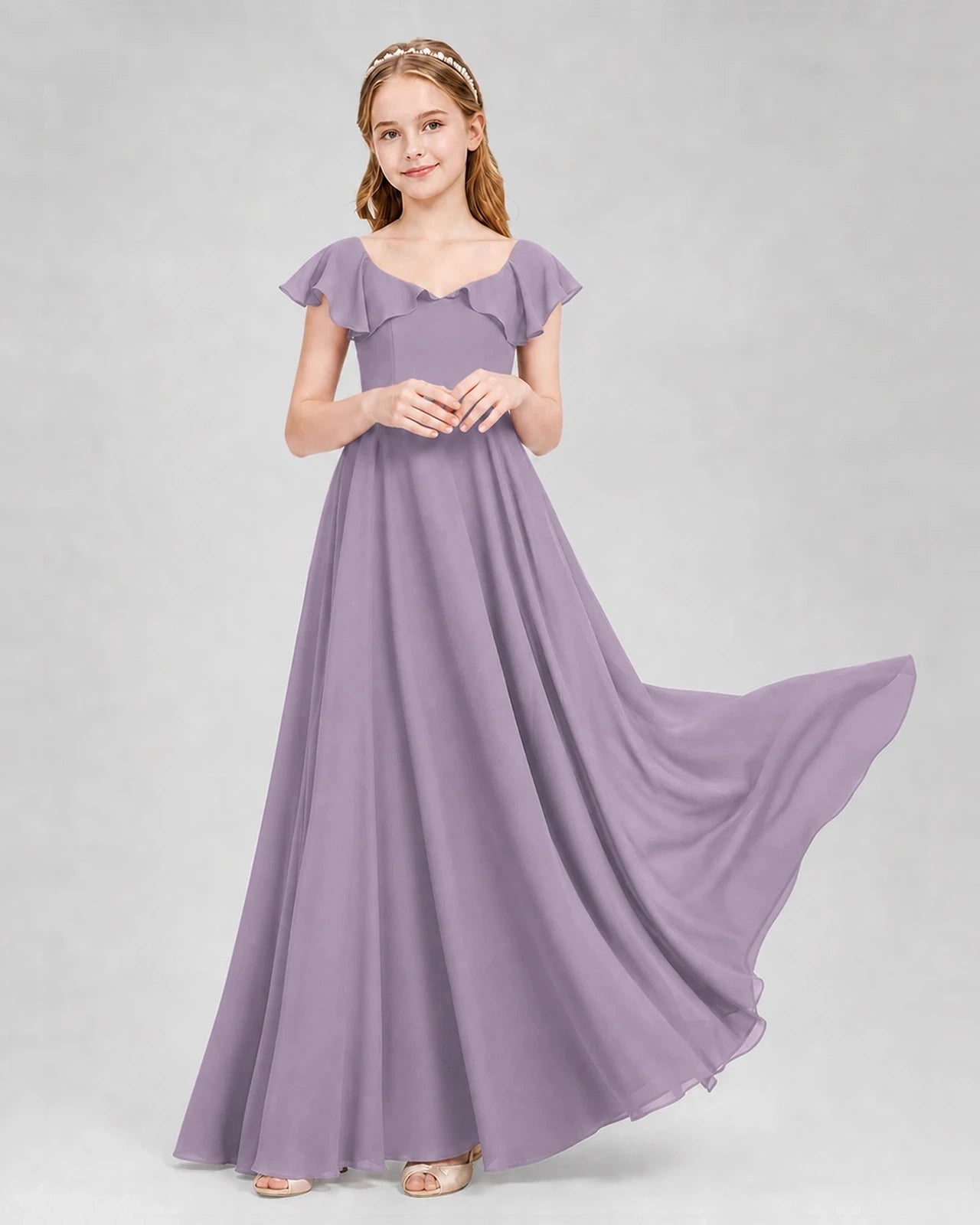 Dideyttawl Flutter Sleeve Back Bow Chiffon Junior Bridesmaid Dress