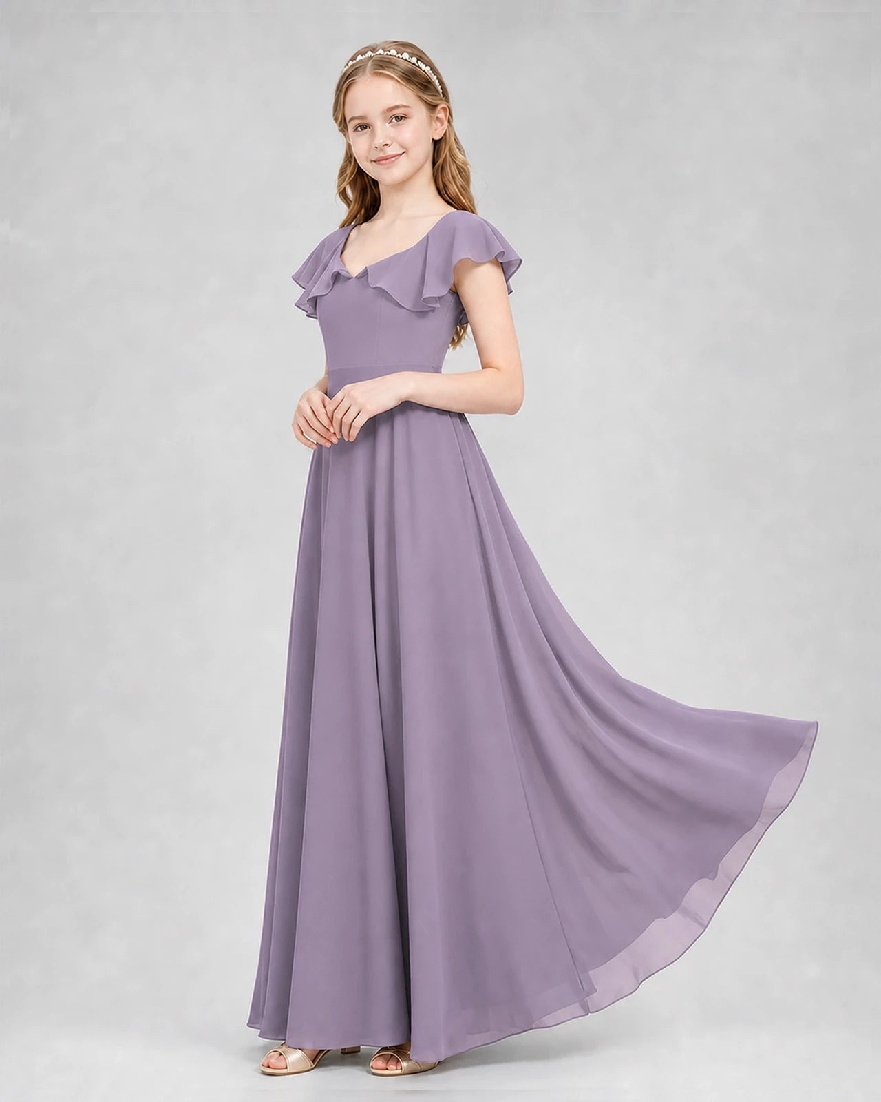 Dideyttawl Flutter Sleeve Back Bow Chiffon Junior Bridesmaid Dress