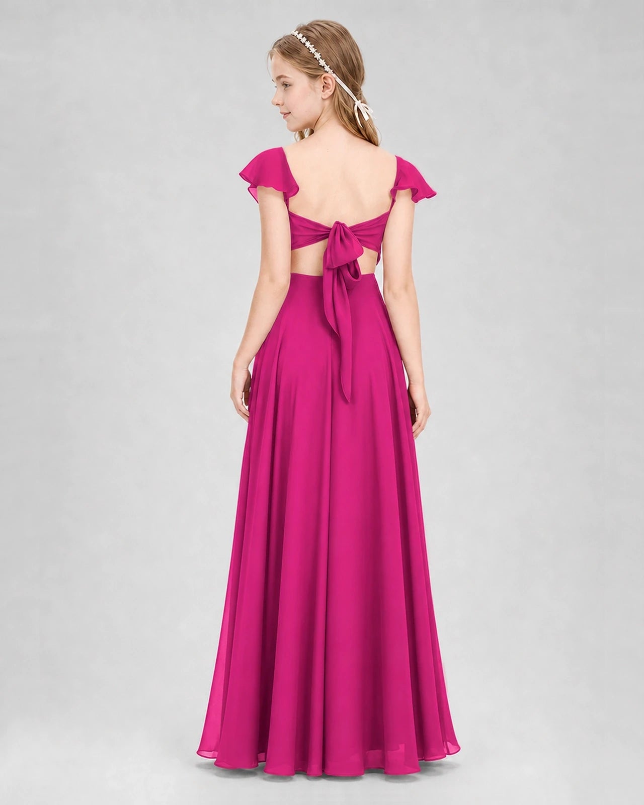 Dideyttawl Flutter Sleeve Back Bow Chiffon Junior Bridesmaid Dress