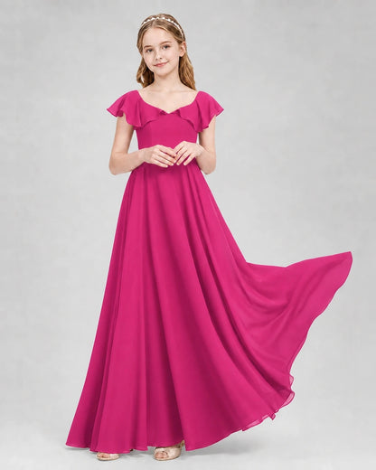 Dideyttawl Flutter Sleeve Back Bow Chiffon Junior Bridesmaid Dress
