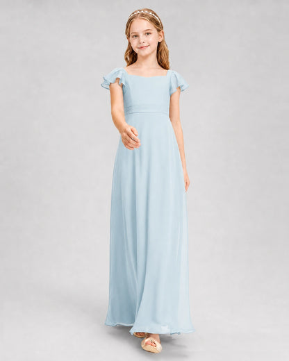 Dideyttawl Square Neck Flutter Sleeve Chiffon Junior Bridesmaid Dress