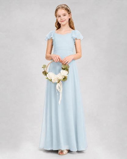 Dideyttawl Square Neck Flutter Sleeve Chiffon Junior Bridesmaid Dress