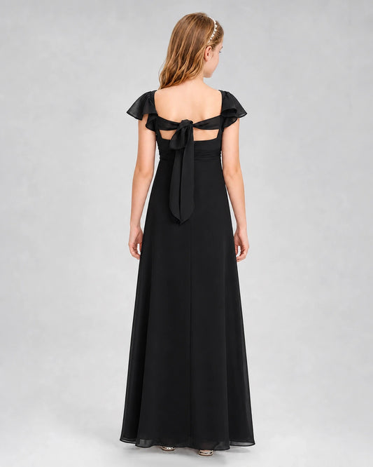 Black Chiffon A-Line Junior Bridesmaid Dress Back View