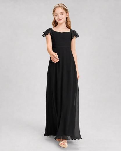 Dideyttawl Square Neck Flutter Sleeve Chiffon Junior Bridesmaid Dress