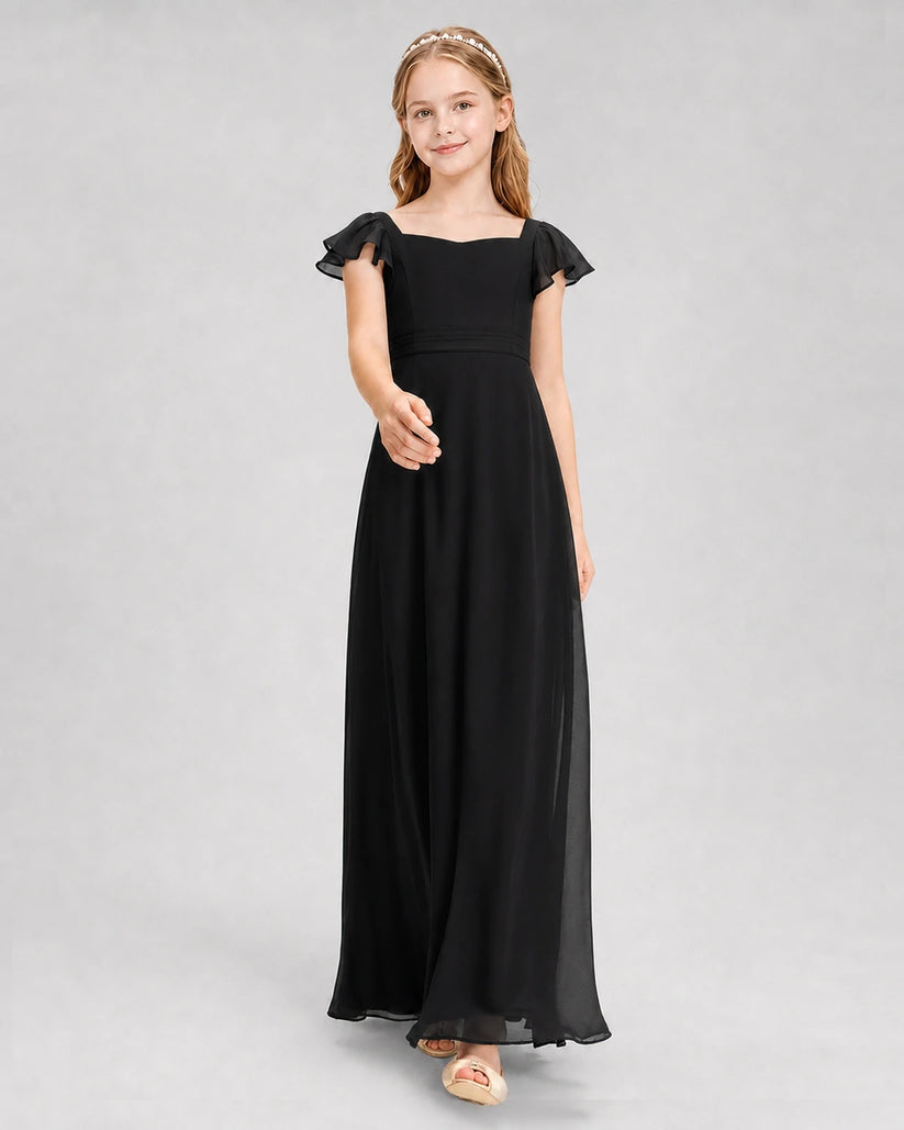 Black Chiffon Flutter Sleeve A-Line Junior Bridesmaid Dresses Front View