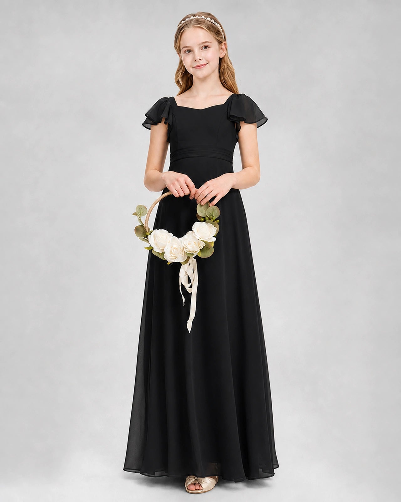 Dideyttawl Square Neck Flutter Sleeve Chiffon Junior Bridesmaid Dress