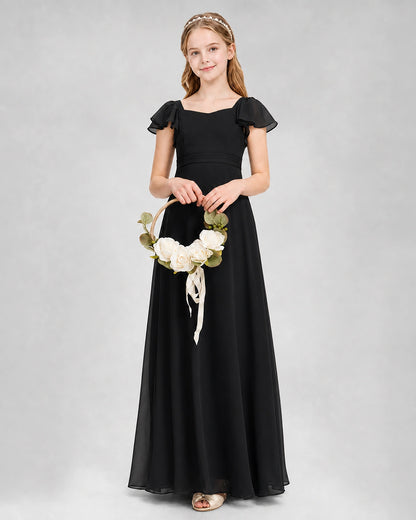 Dideyttawl Square Neck Flutter Sleeve Chiffon Junior Bridesmaid Dress