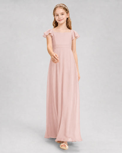 Dideyttawl Square Neck Flutter Sleeve Chiffon Junior Bridesmaid Dress