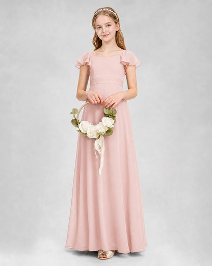 Dideyttawl Square Neck Flutter Sleeve Chiffon Junior Bridesmaid Dress