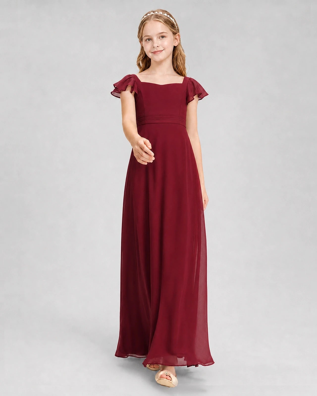 Dideyttawl Square Neck Flutter Sleeve Chiffon Junior Bridesmaid Dress