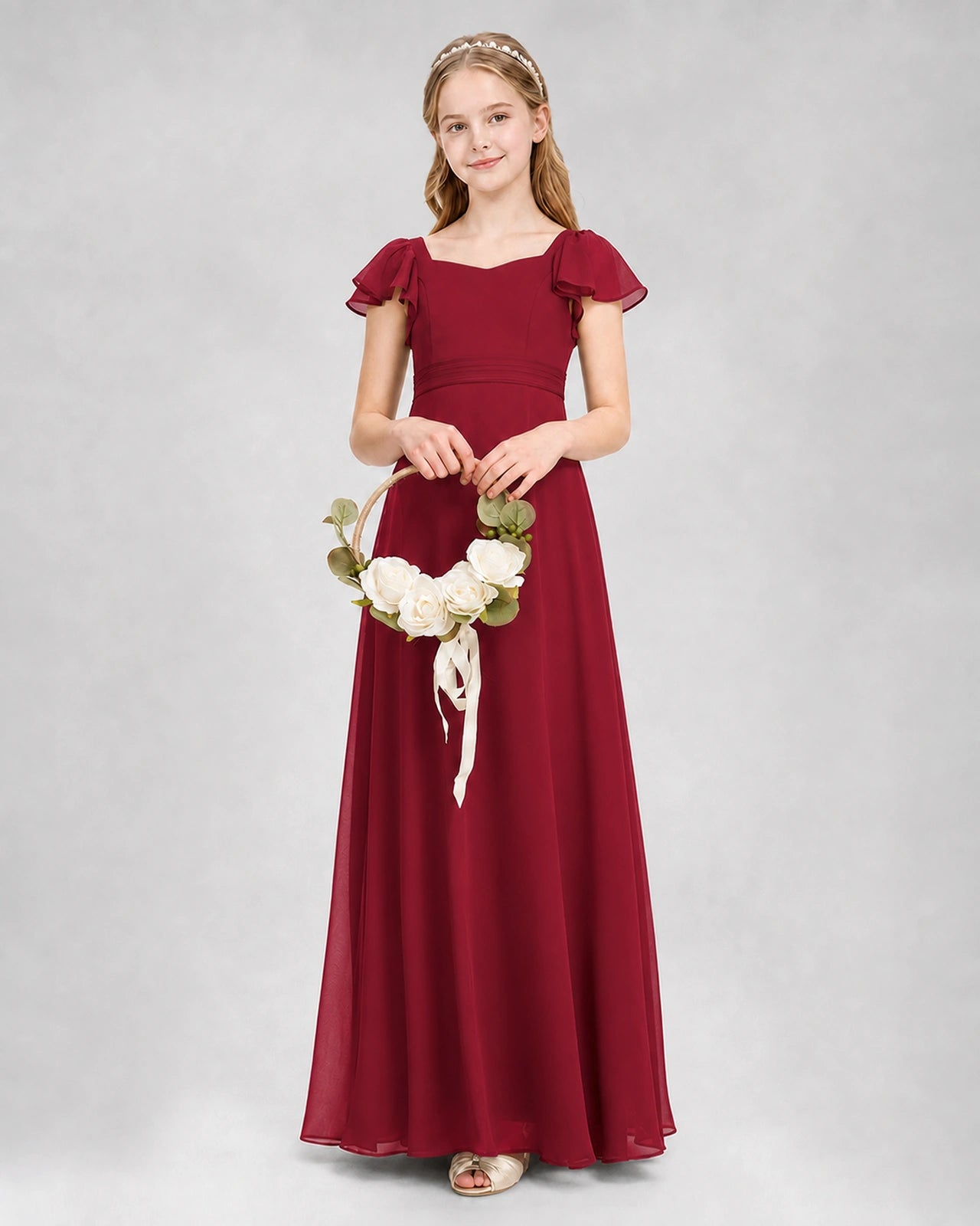 Dideyttawl Square Neck Flutter Sleeve Chiffon Junior Bridesmaid Dress