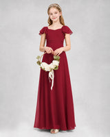 Burgundy Chiffon Ruffle Sleeve Junior Bridesmaid Dresses Side View