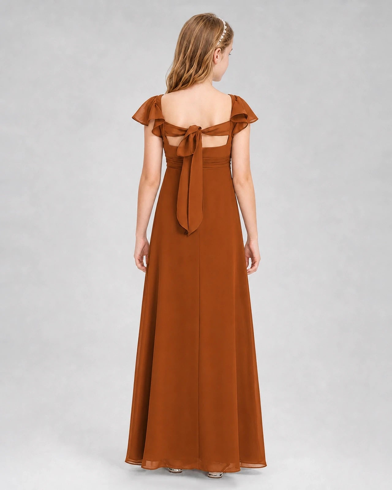 Dideyttawl Square Neck Flutter Sleeve Chiffon Junior Bridesmaid Dress