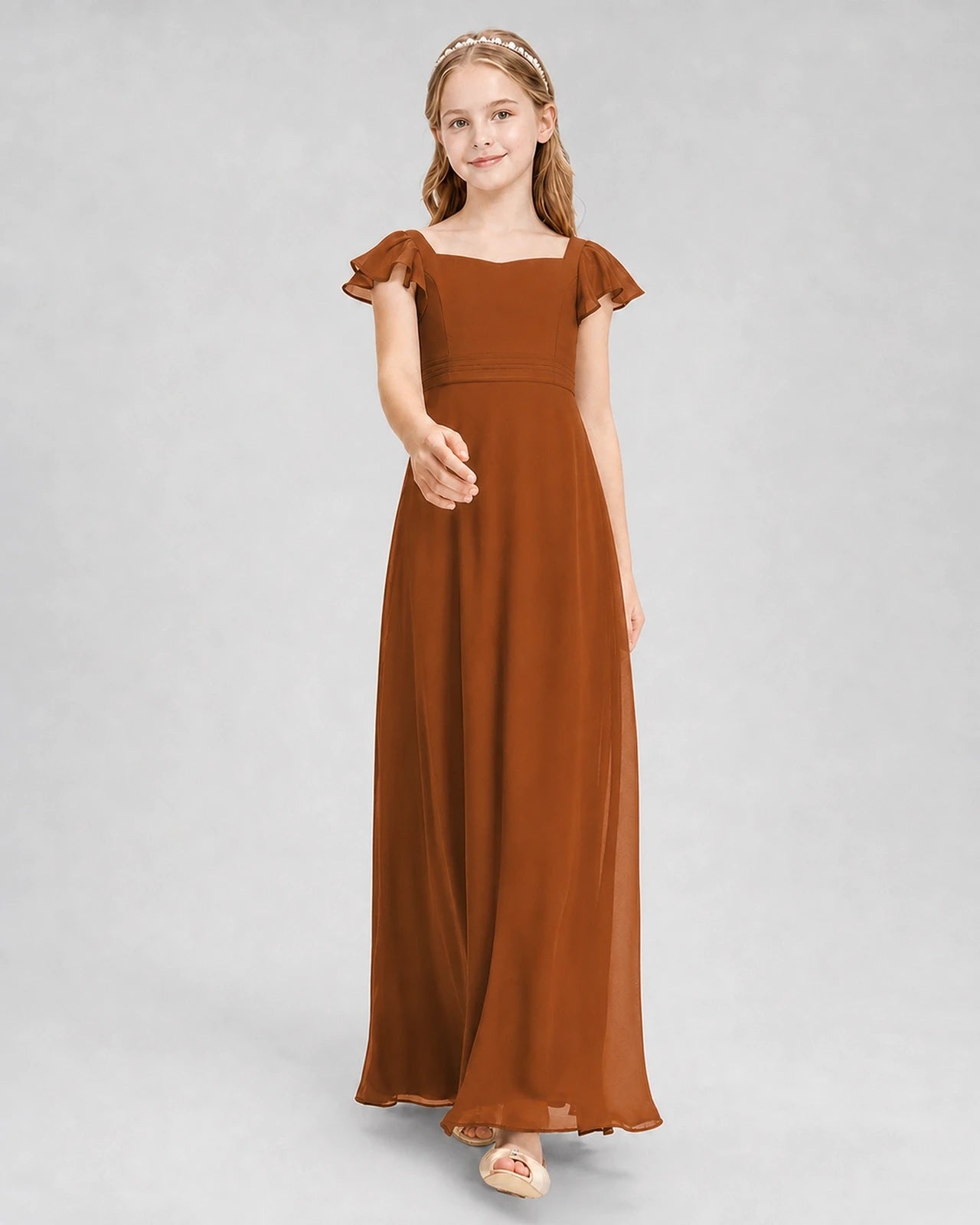 Dideyttawl Square Neck Flutter Sleeve Chiffon Junior Bridesmaid Dress