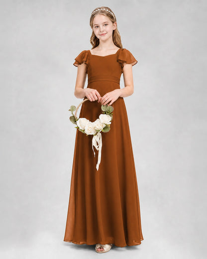 Dideyttawl Square Neck Flutter Sleeve Chiffon Junior Bridesmaid Dress
