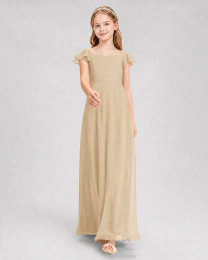 Dideyttawl Square Neck Flutter Sleeve Chiffon Junior Bridesmaid Dress