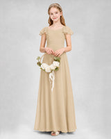 Champagne Chiffon Flutter Sleeve Junior Bridesmaid Dresses Side View