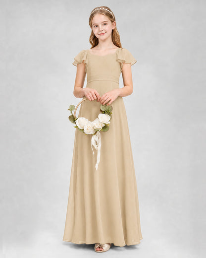 Dideyttawl Square Neck Flutter Sleeve Chiffon Junior Bridesmaid Dress