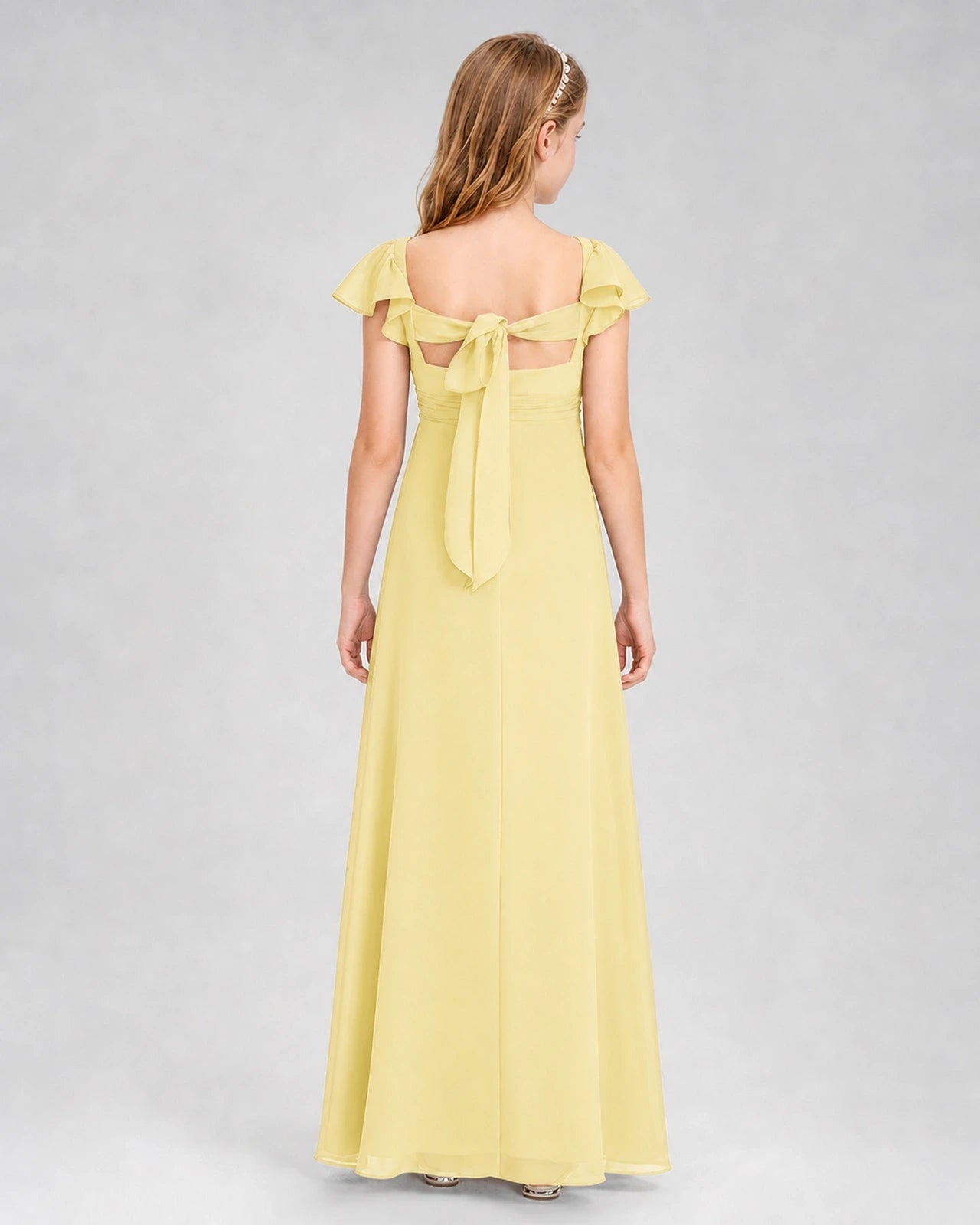 Dideyttawl Square Neck Flutter Sleeve Chiffon Junior Bridesmaid Dress