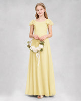 Daffodil chiffon square neckline junior bridesmaid dress, side view.