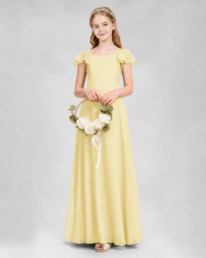 Dideyttawl Square Neck Flutter Sleeve Chiffon Junior Bridesmaid Dress