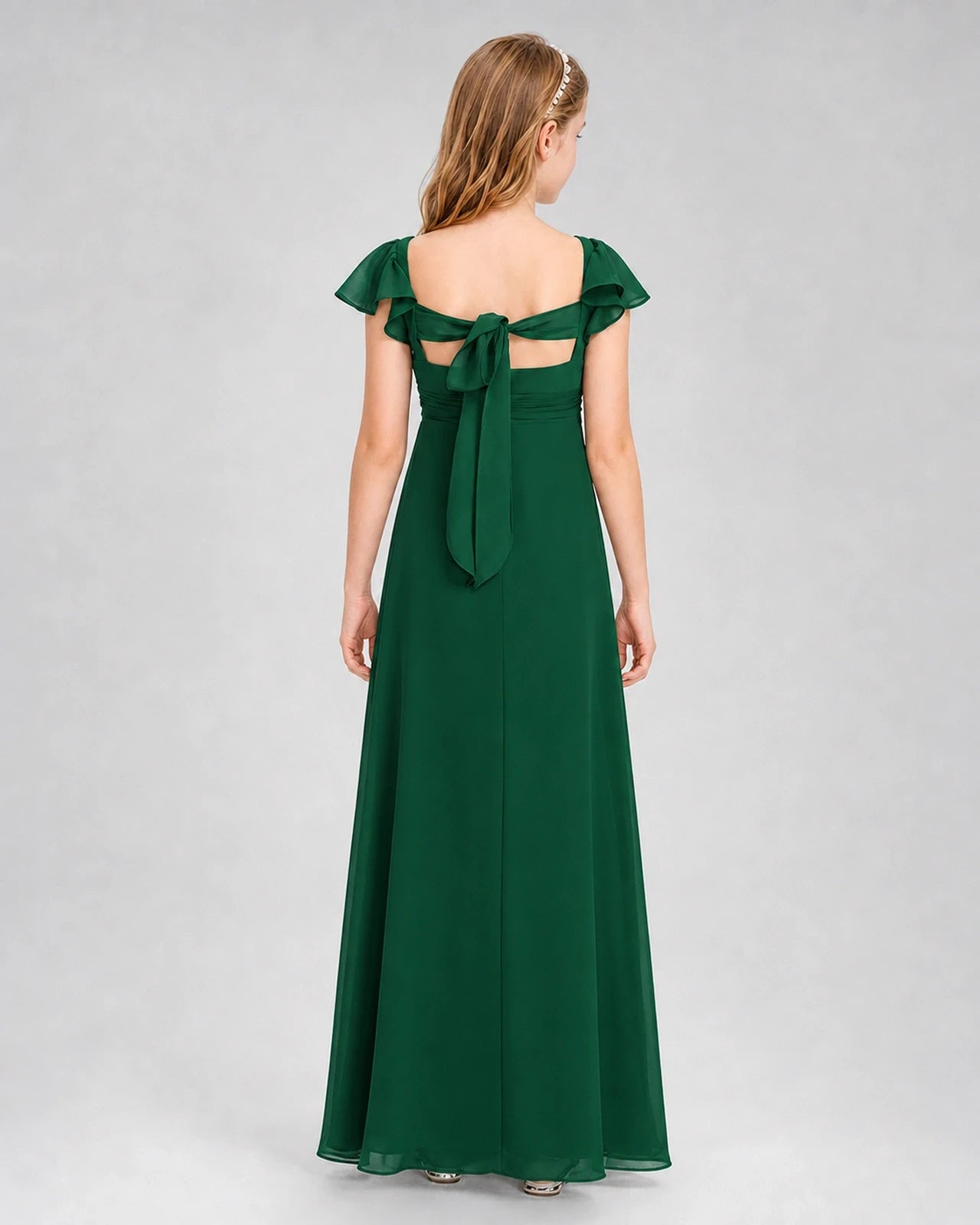 Dideyttawl Square Neck Flutter Sleeve Chiffon Junior Bridesmaid Dress