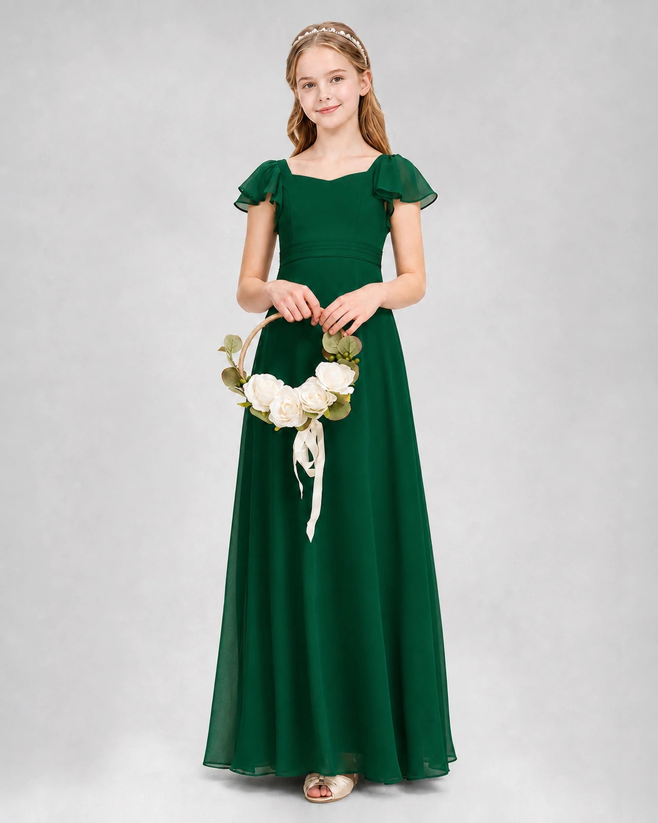 Dideyttawl Square Neck Flutter Sleeve Chiffon Junior Bridesmaid Dress