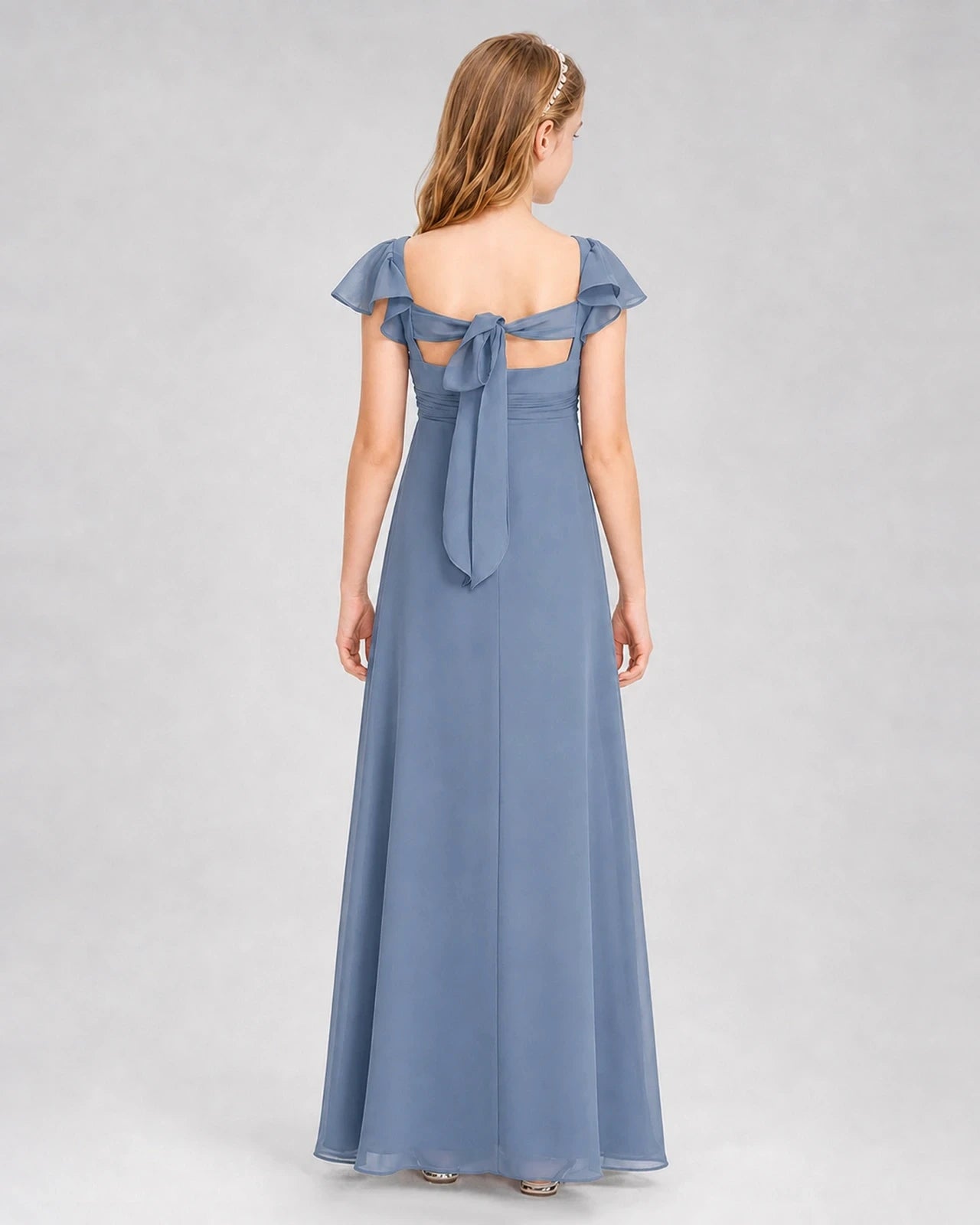 Dideyttawl Square Neck Flutter Sleeve Chiffon Junior Bridesmaid Dress